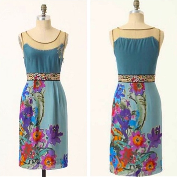 Anthropologie Dresses & Skirts - Floreat Anthropologie midi dress teal tropical print Manor Gates floral silk